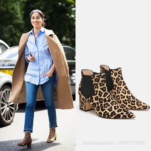 Rare! Zara Leopard Pony Hair Fur Leather Pointy Toe Chelsea Block Heel Boot 39 8